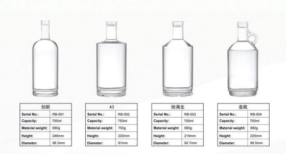 Doorzichtige 750 ml alcoholische drank met 1000 ml whisky vodka fles